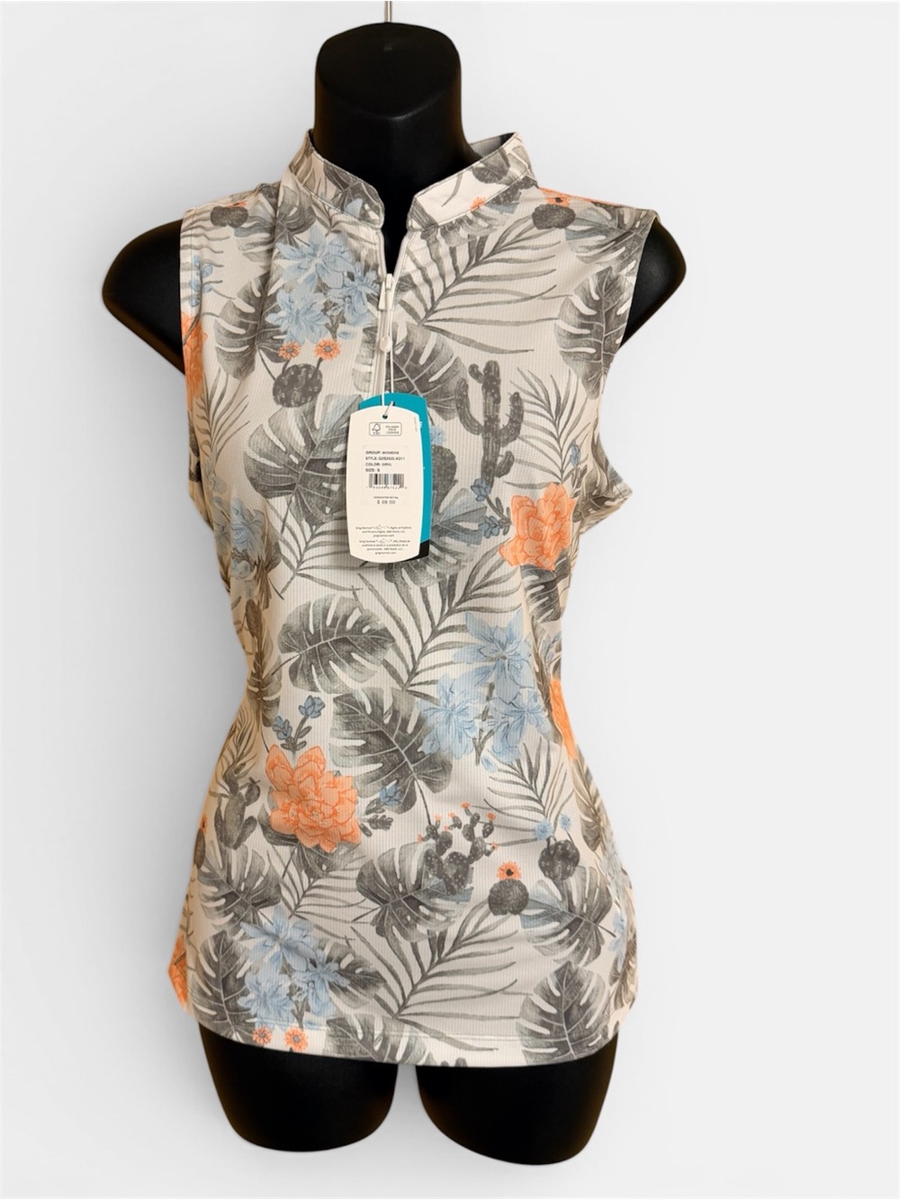 Greg Norman Collection Floral Mock Neck Tank - Cream with Orange & Blue
